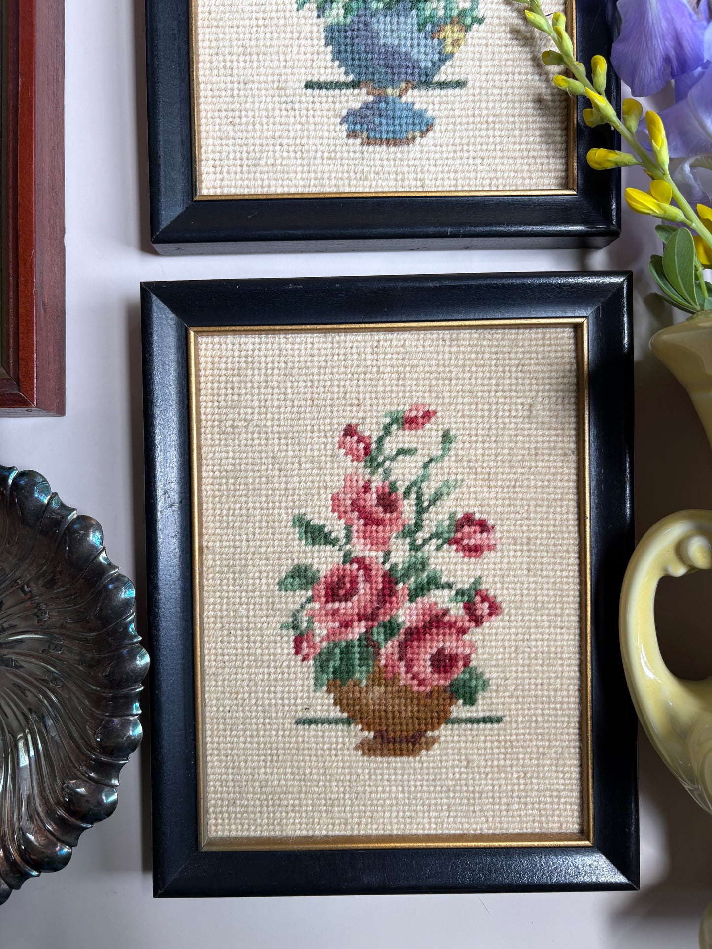 Vintage Framed Needlepoint Red Roses Art