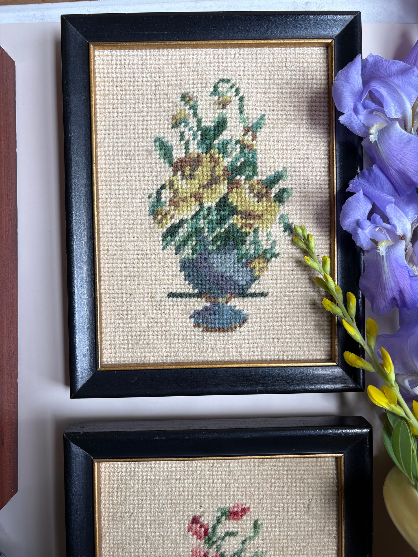 Vintage Framed Needlepoint Yellow Roses Art