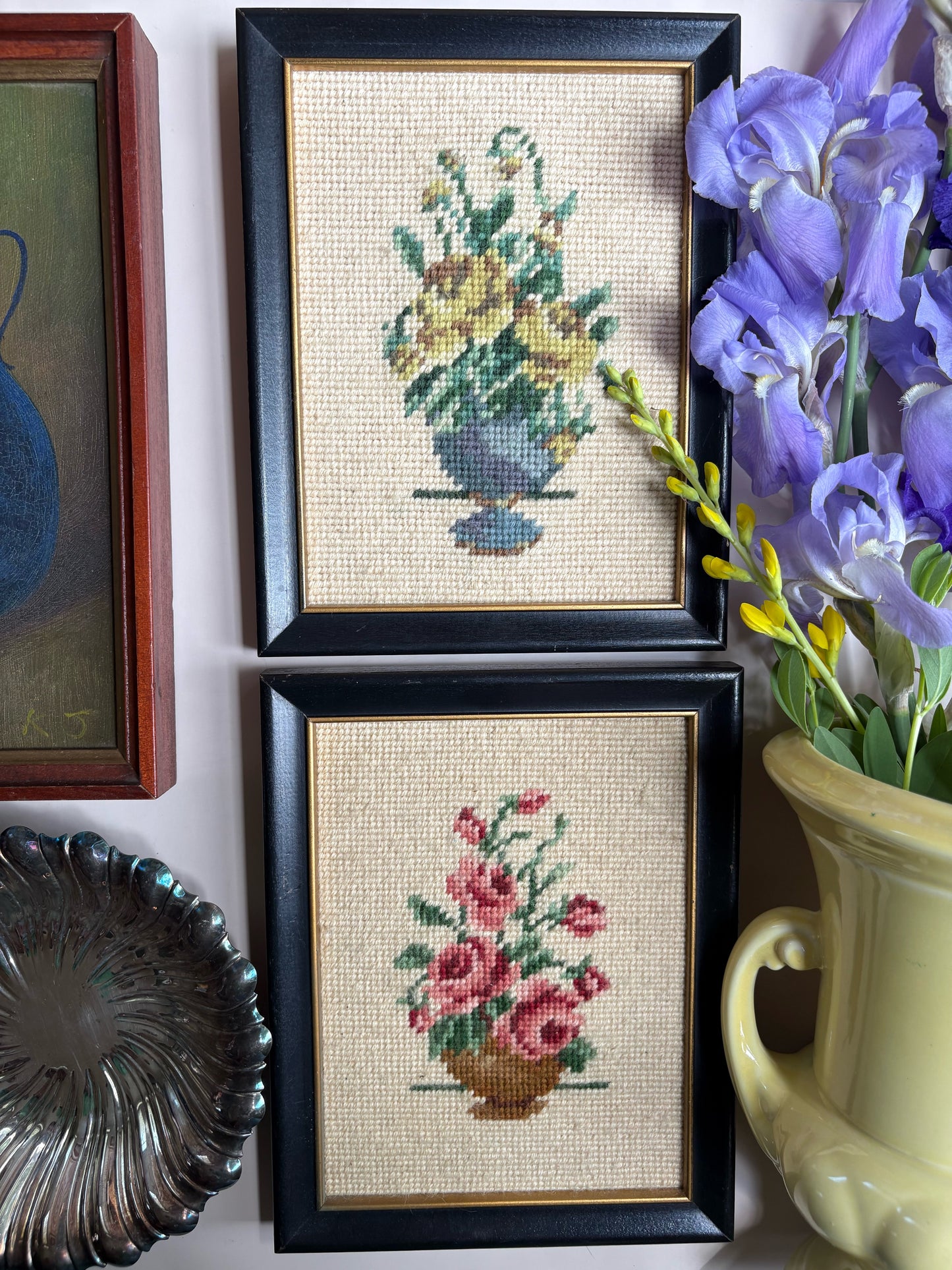 Vintage Framed Needlepoint Red Roses Art