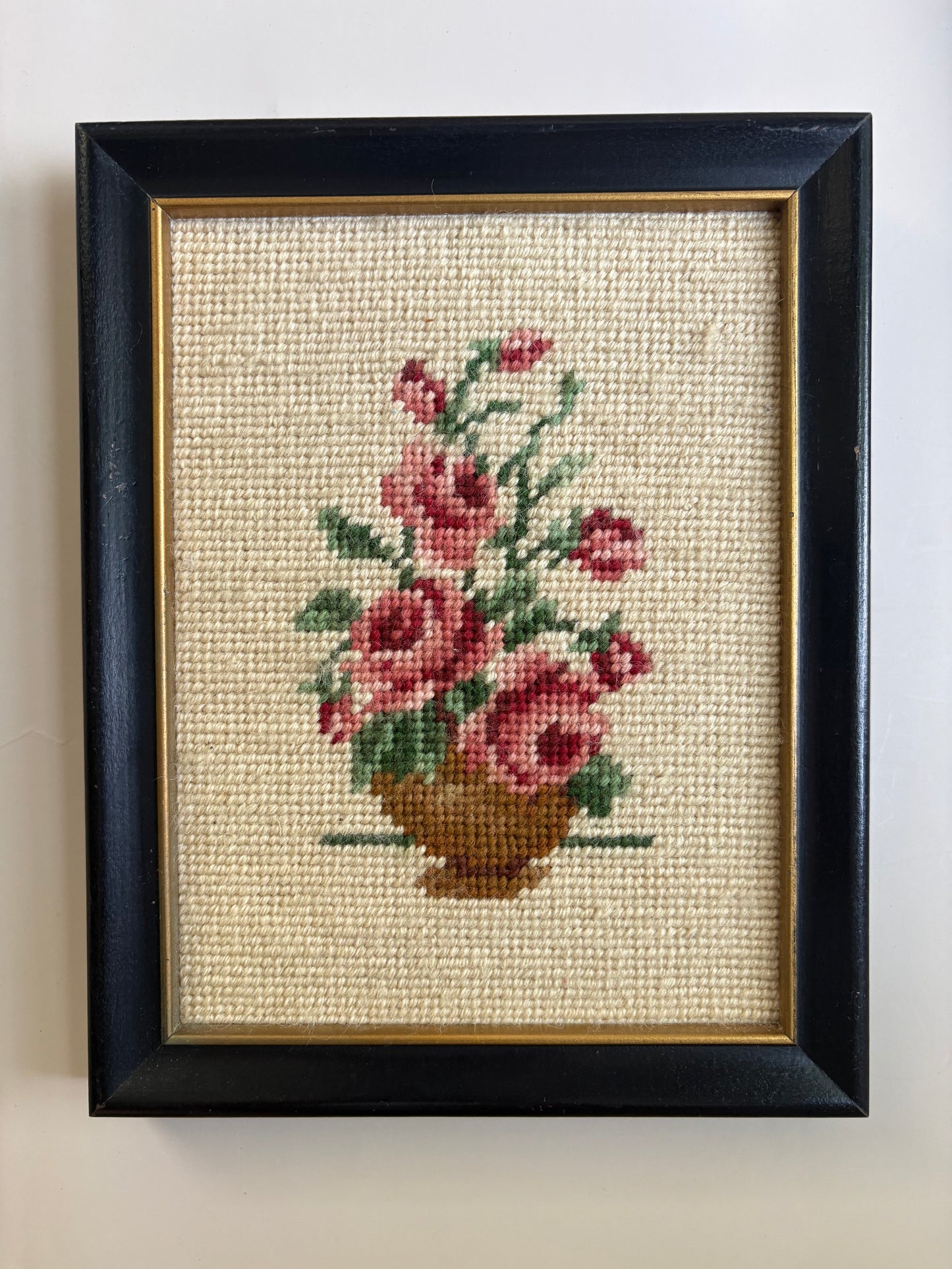 Vintage Framed Needlepoint Red Roses Art