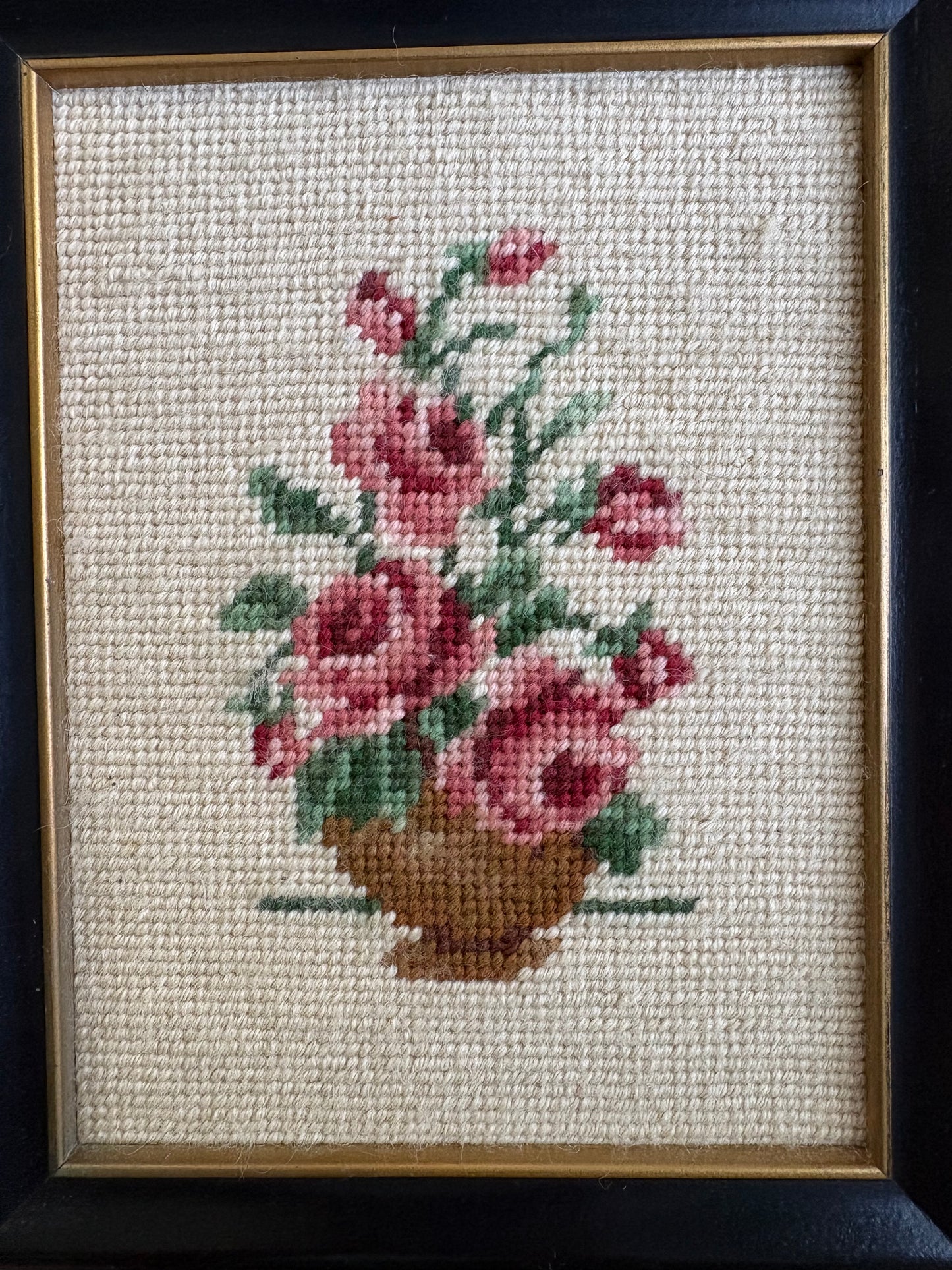 Vintage Framed Needlepoint Red Roses Art