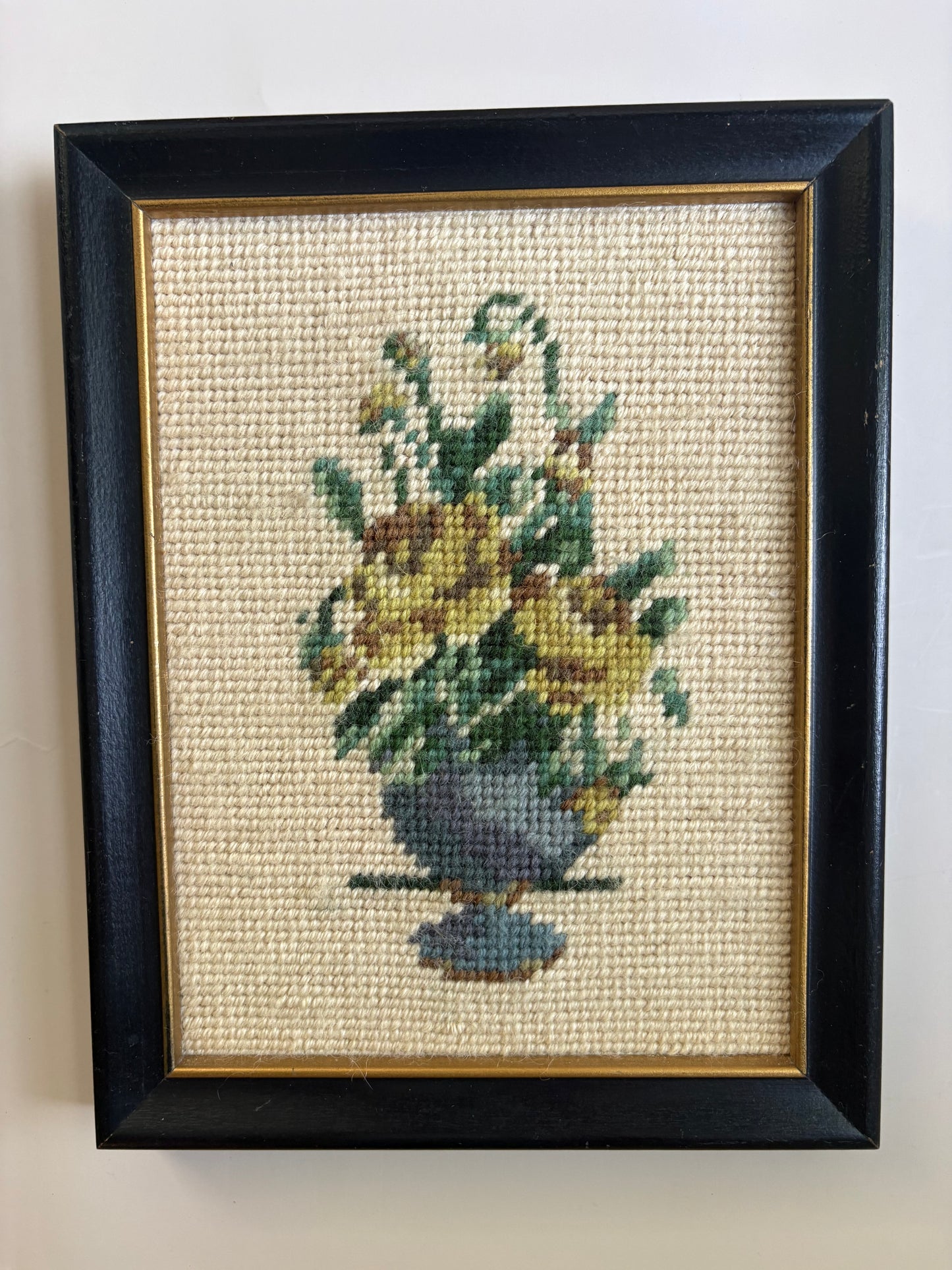 Vintage Framed Needlepoint Yellow Roses Art