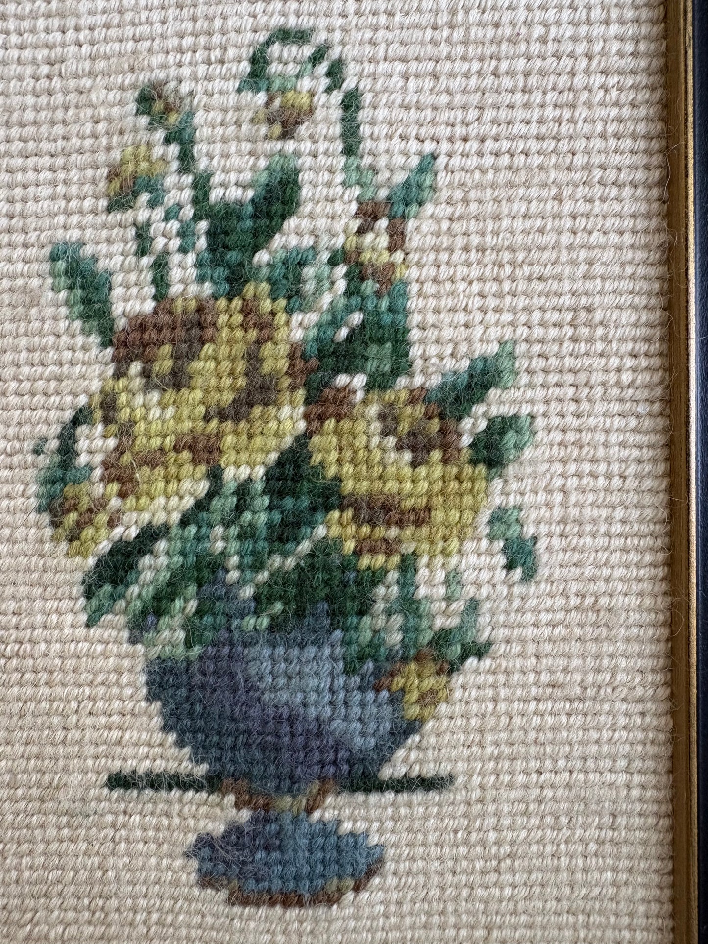 Vintage Framed Needlepoint Yellow Roses Art