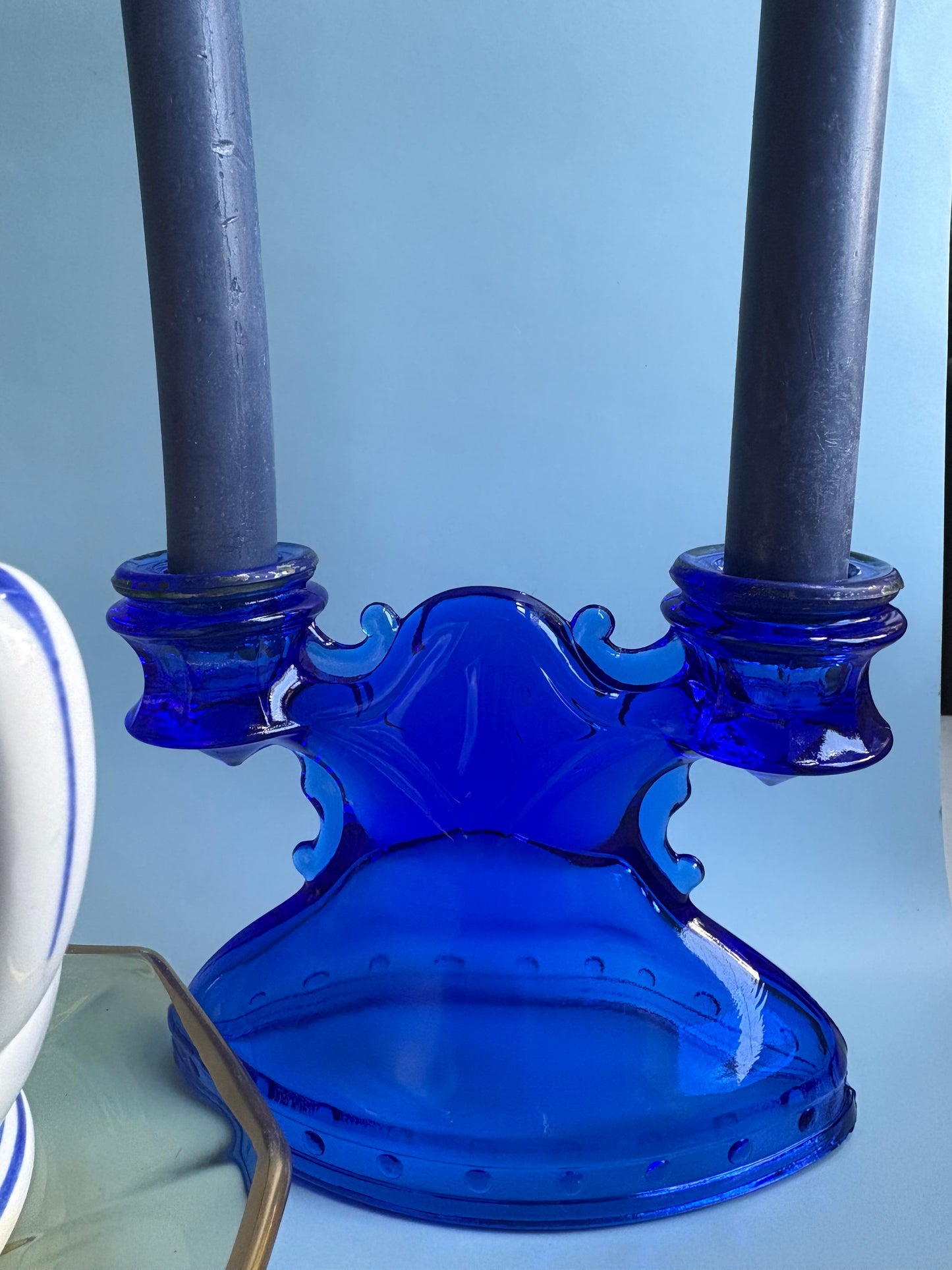 Vintage Double Shield Cobalt Blue Glass Candlestick Holder
