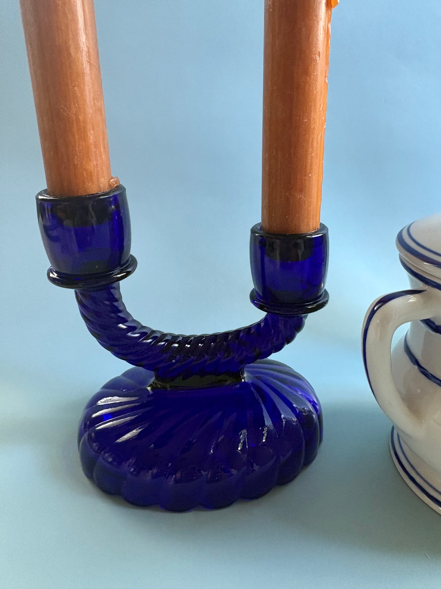 Vintage Cobalt Blue Glass Swirl Double Candlestick Holder
