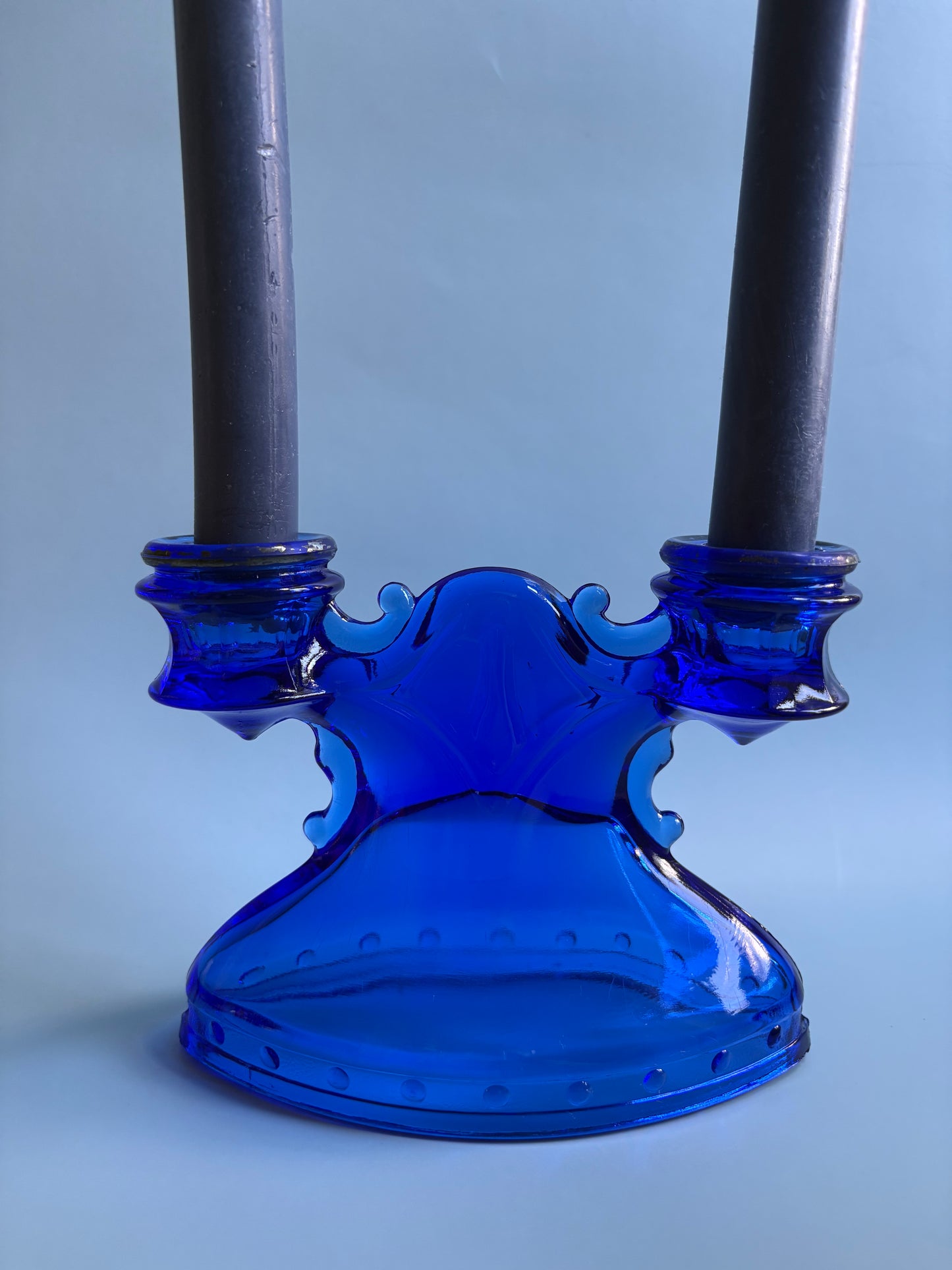 Vintage Double Shield Cobalt Blue Glass Candlestick Holder