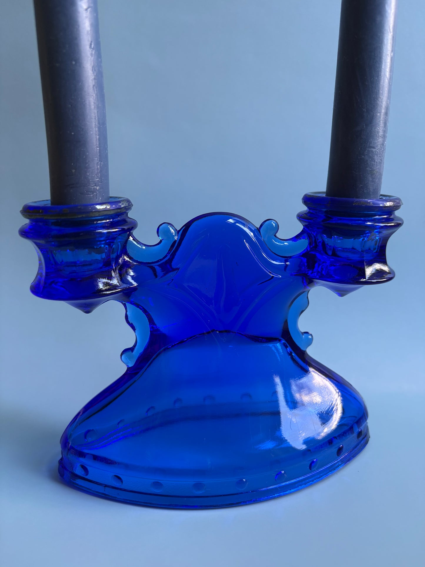 Vintage Double Shield Cobalt Blue Glass Candlestick Holder