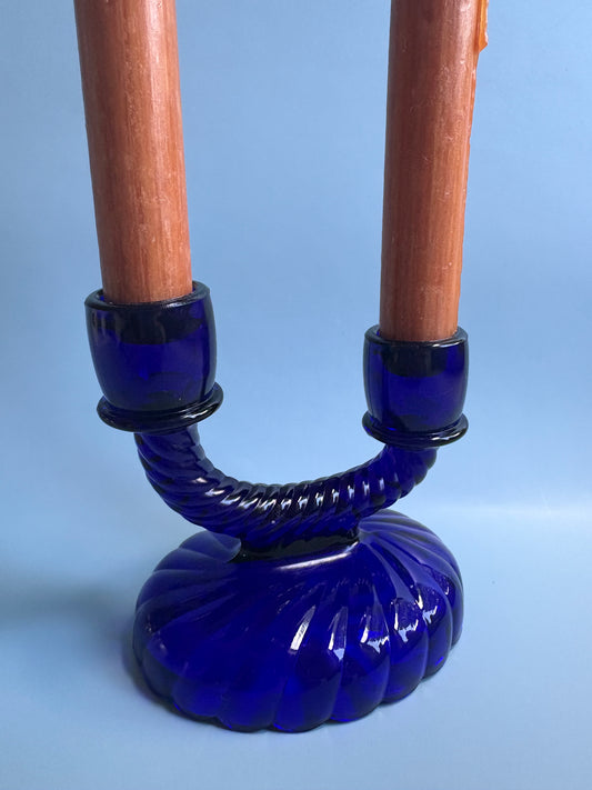 Vintage Cobalt Blue Glass Swirl Double Candlestick Holder