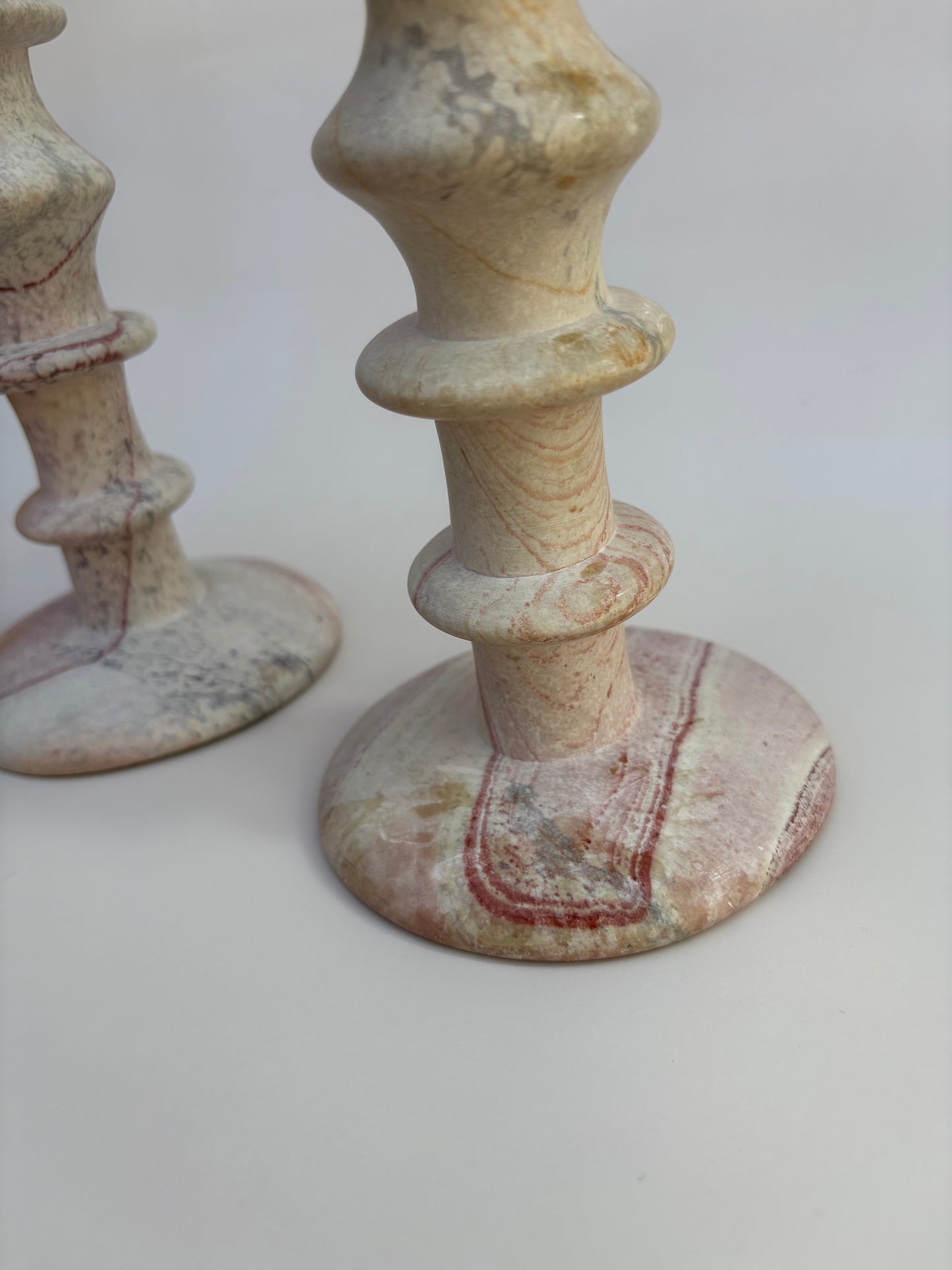 Vintage Pair of Pink Stone Candlestick Holders