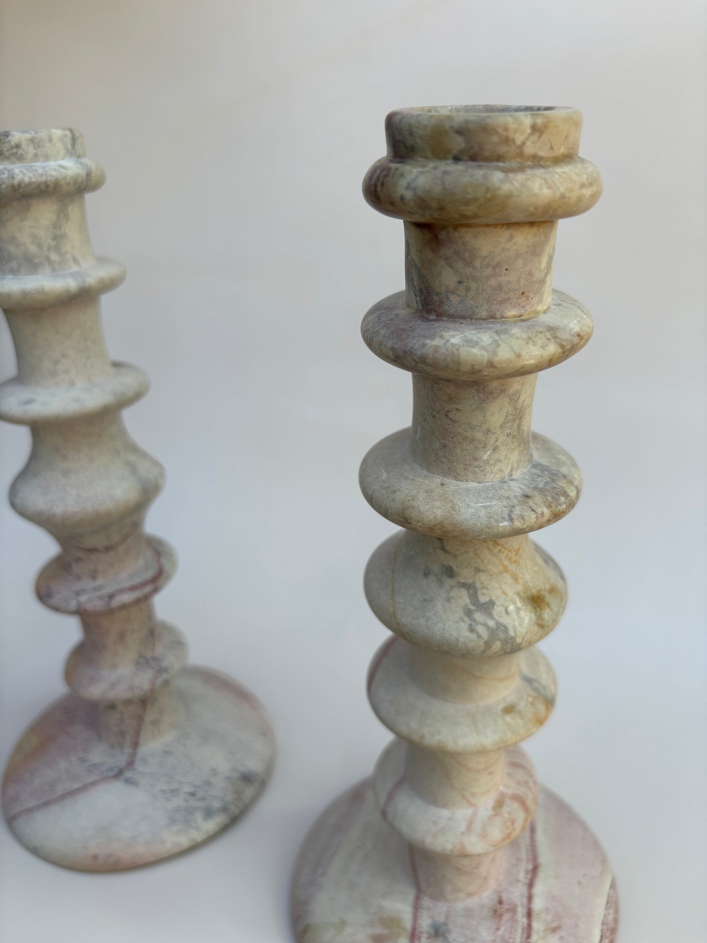 Vintage Pair of Pink Stone Candlestick Holders