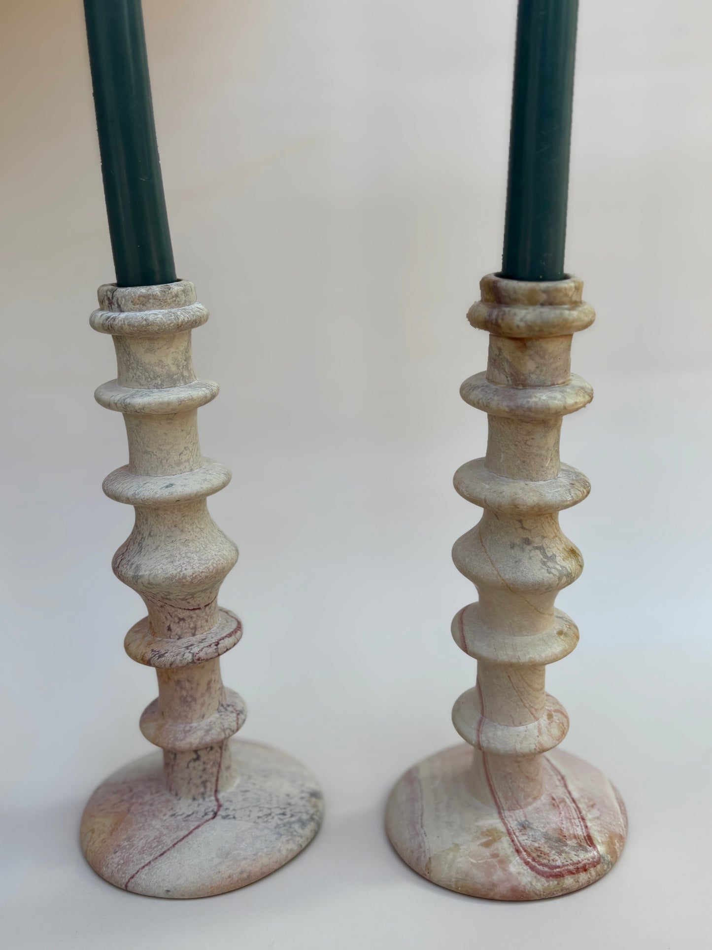 Vintage Pair of Pink Stone Candlestick Holders