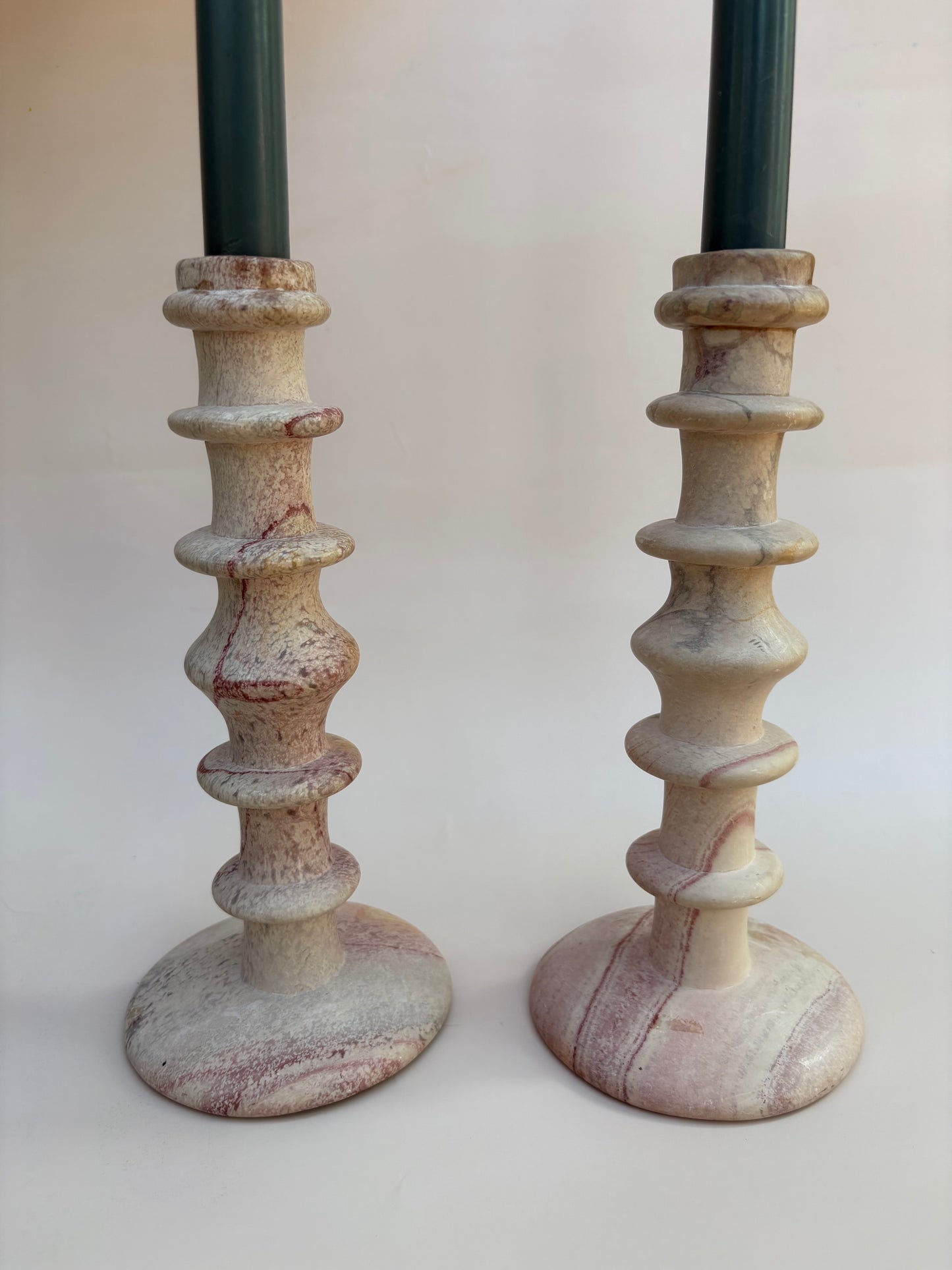Vintage Pair of Pink Stone Candlestick Holders