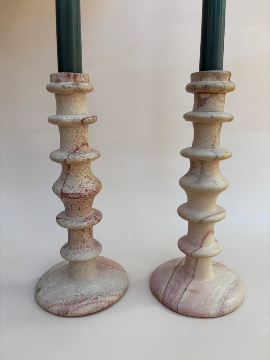 Vintage Pair of Pink Stone Candlestick Holders