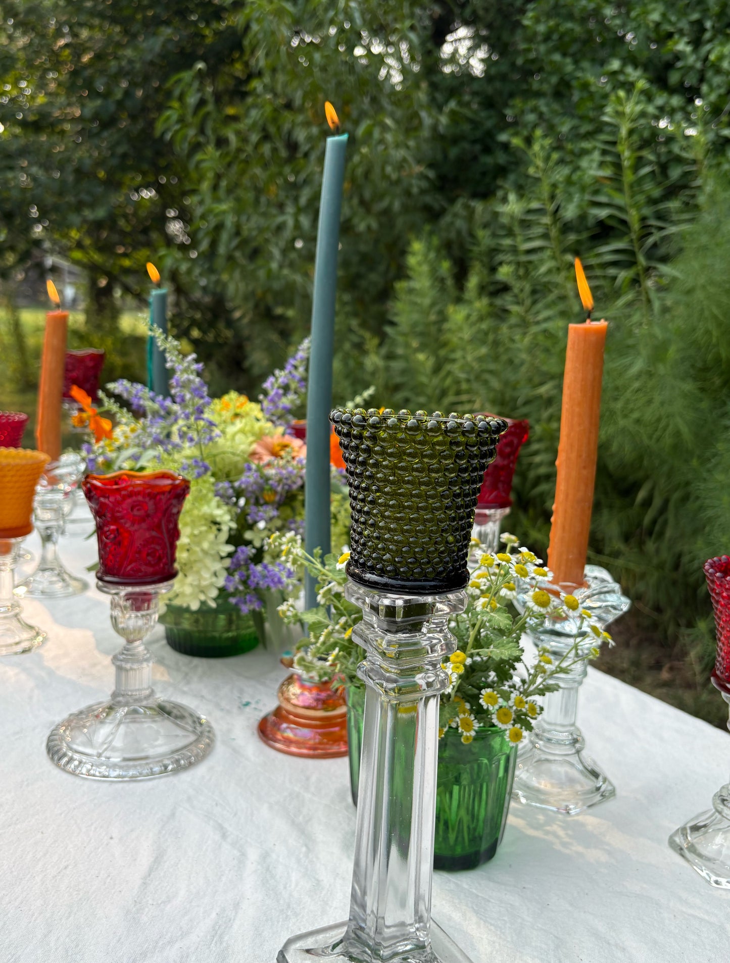 Vintage Green Hobnail Glass Peg Votive Candleholder
