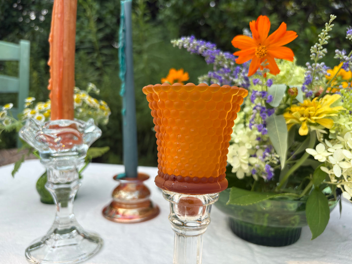 Vintage Hobnail Amber Glass Peg Votive Candleholder