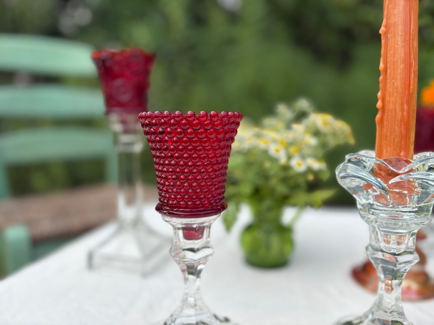 Pair of Vintage Red Hobnail Glass Peg Votive Candlholders