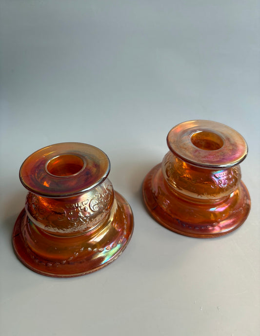 Pair of Vintage Carnival Glass Candleholders