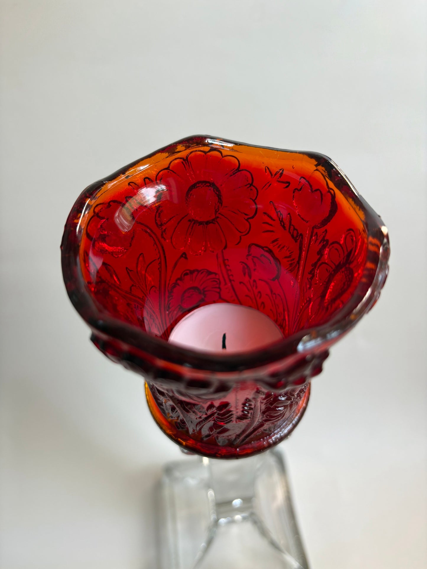 Vintage Floral Ruby Red Glass Peg Votive Candleholder