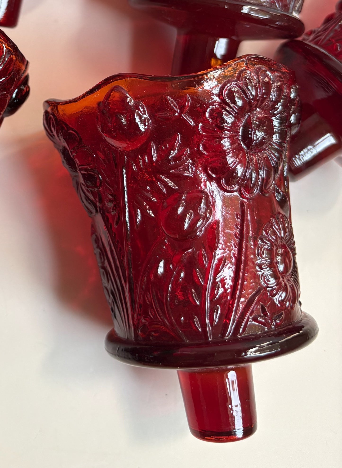Vintage Floral Ruby Red Glass Peg Votive Candleholder