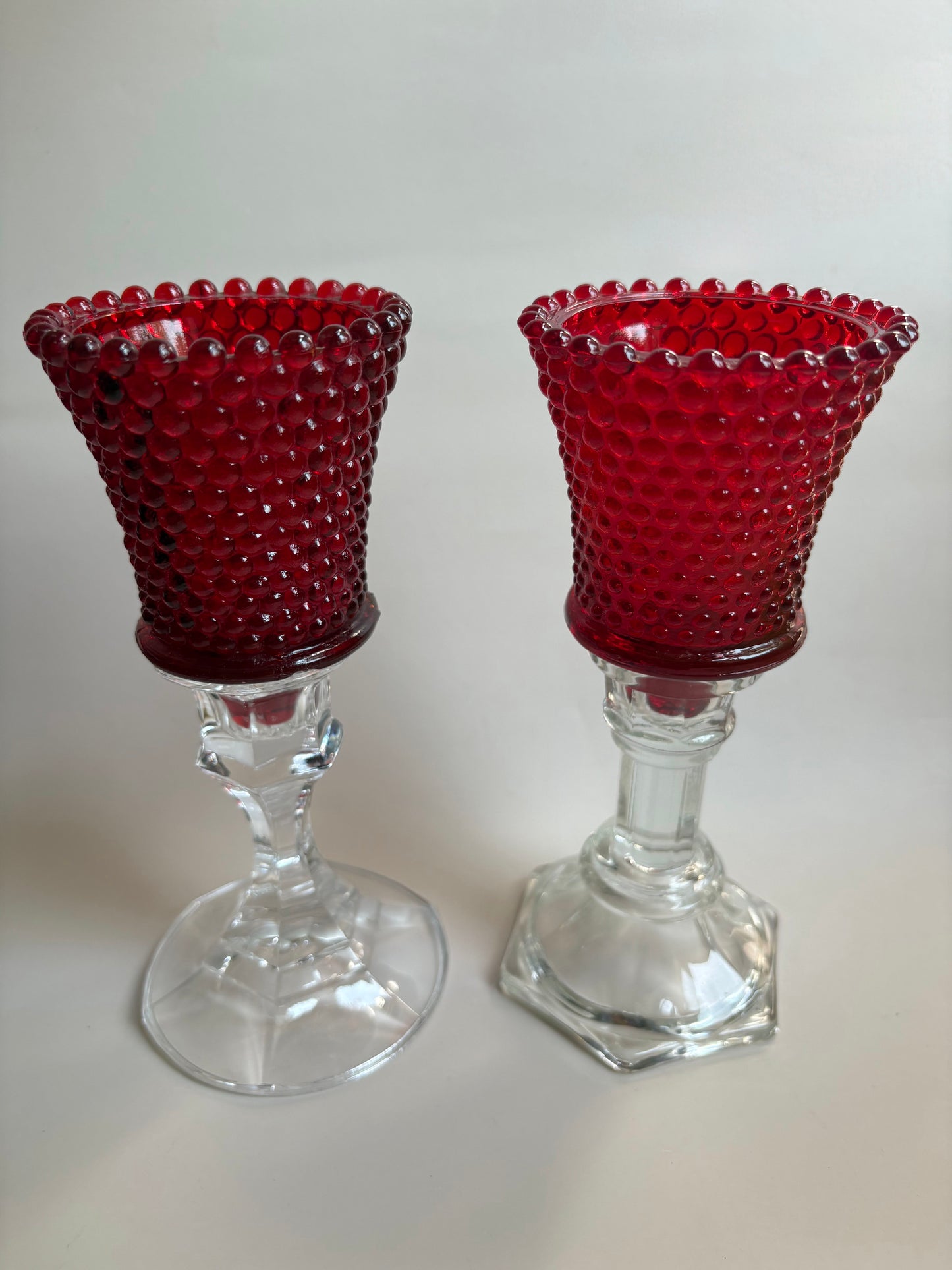 Pair of Vintage Red Hobnail Glass Peg Votive Candlholders