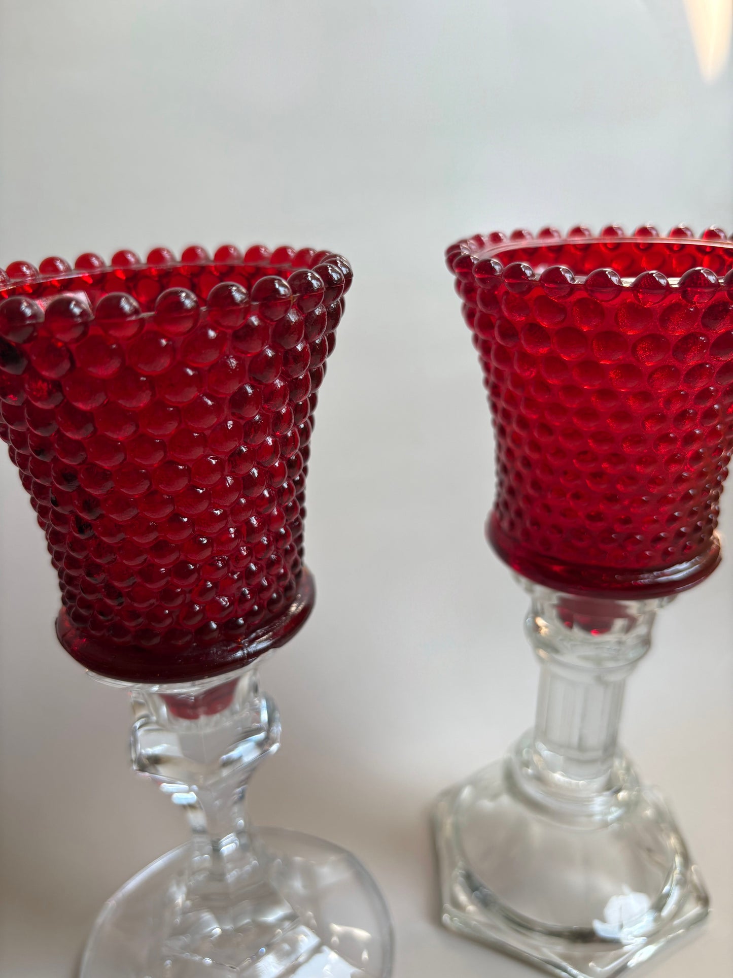 Pair of Vintage Red Hobnail Glass Peg Votive Candlholders