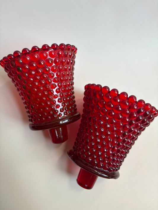 Pair of Vintage Red Hobnail Glass Peg Votive Candlholders