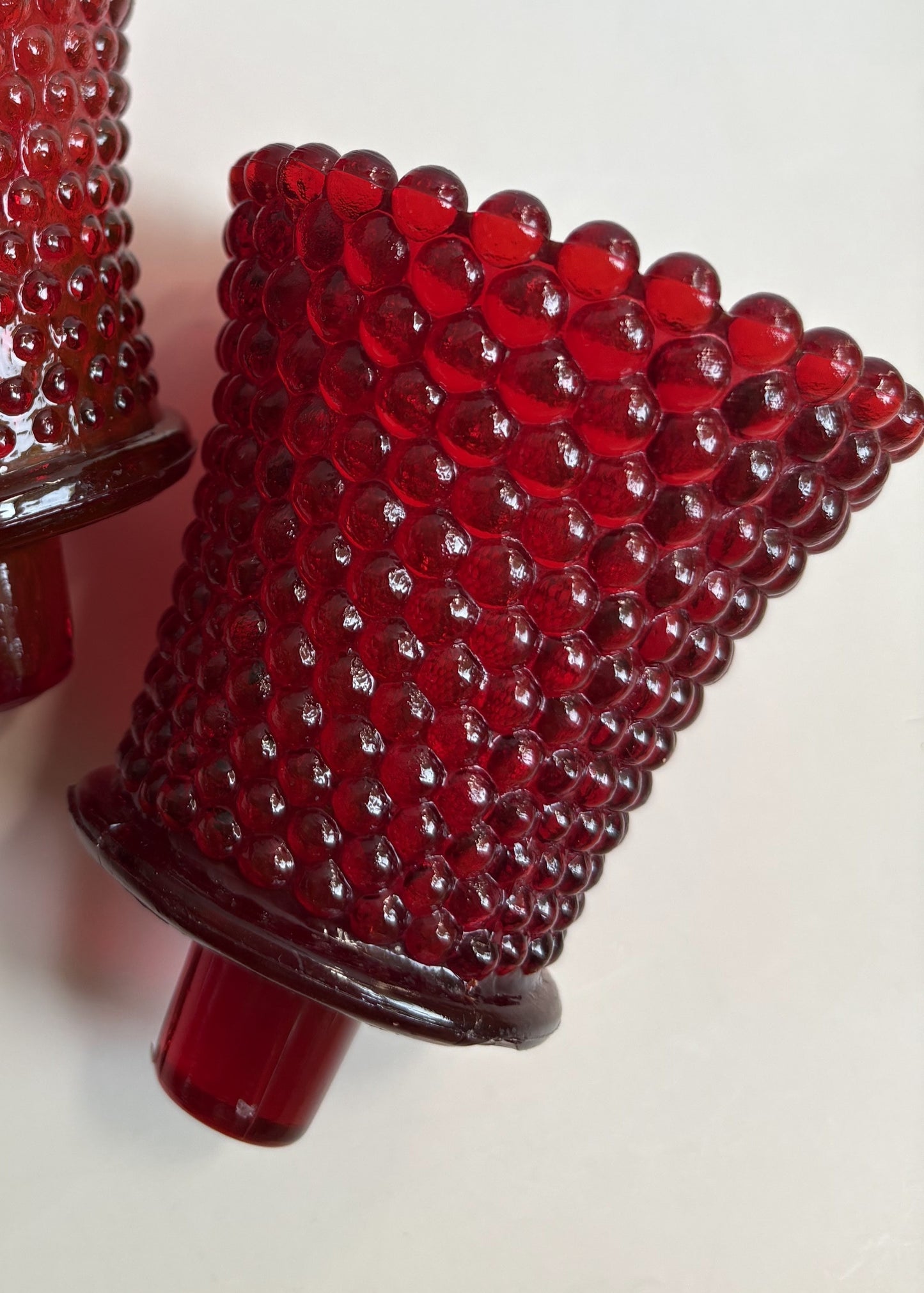 Pair of Vintage Red Hobnail Glass Peg Votive Candlholders