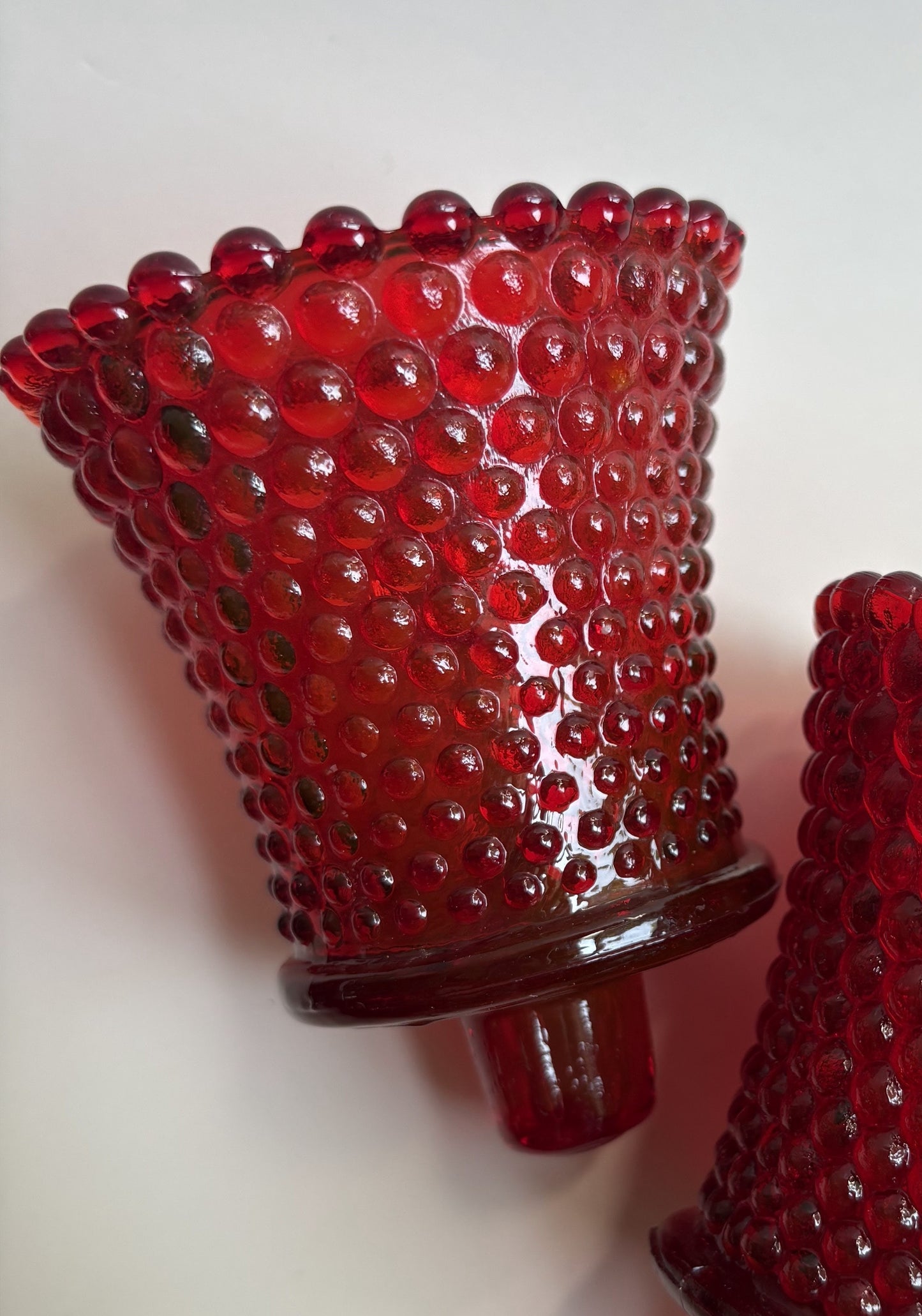 Pair of Vintage Red Hobnail Glass Peg Votive Candlholders