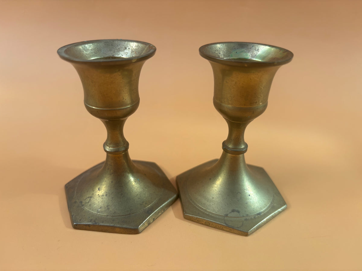 Vintage Pair of Hexagonal Brass Candleholders