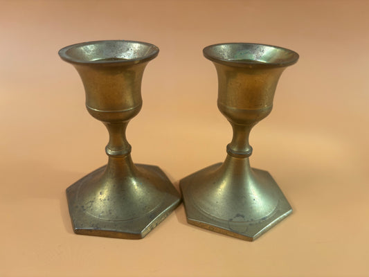 Vintage Pair of Hexagonal Brass Candleholders