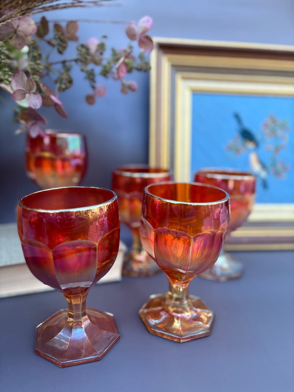Set of 5 Vintage Carnival Glass Goblets