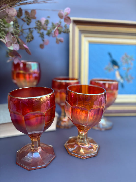 Set of 5 Vintage Carnival Glass Goblets