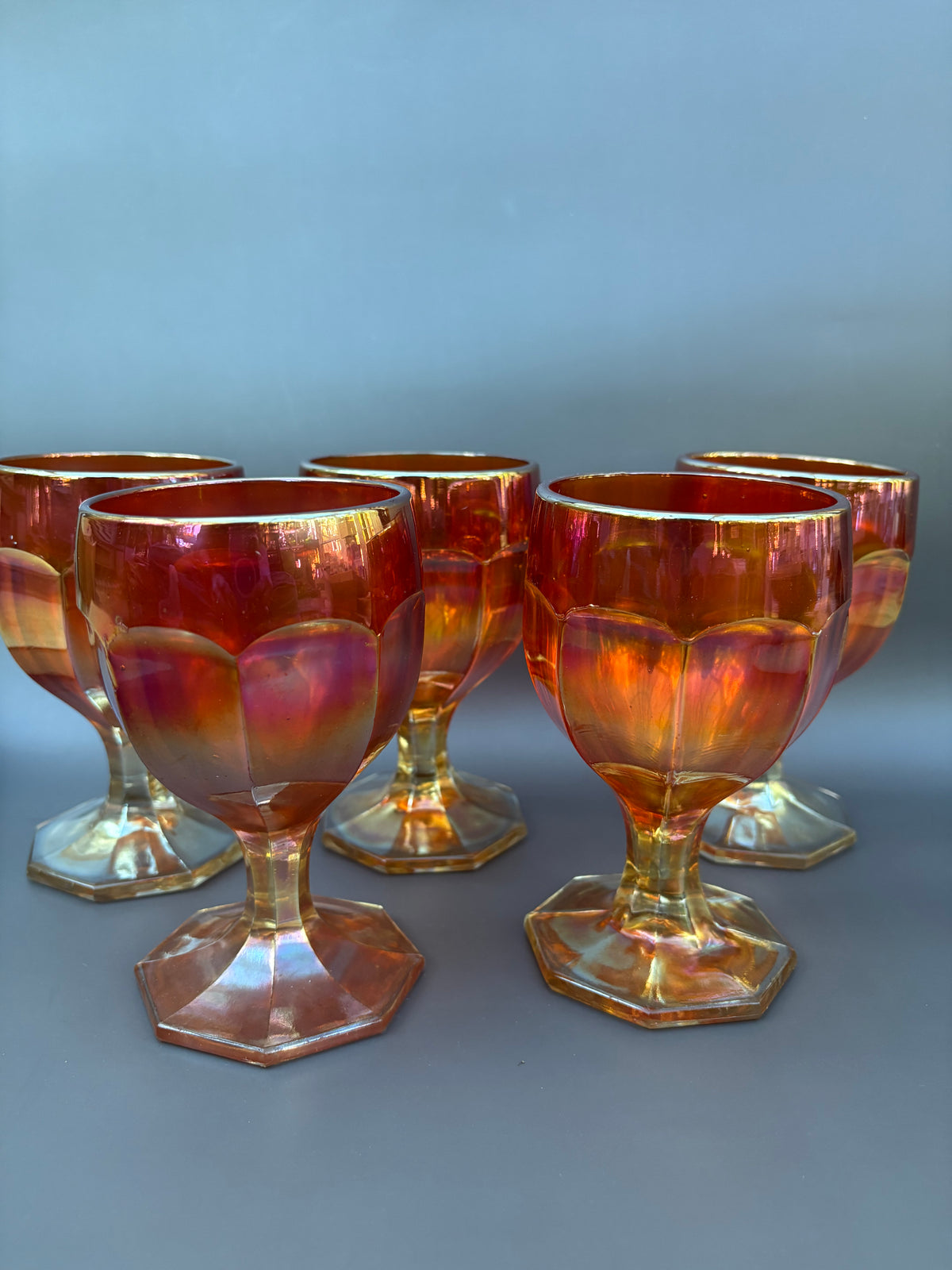 Set of 5 Vintage Carnival Glass Goblets