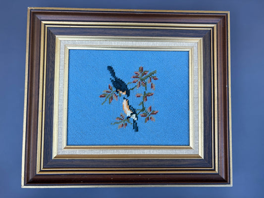Vintage Framed Bluebird Needlepoint Art