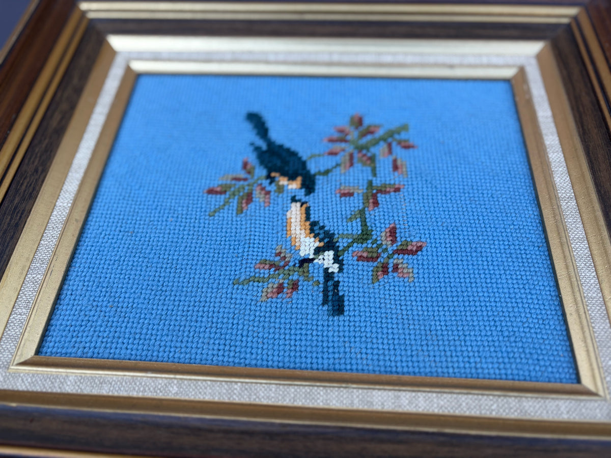 Vintage Framed Bluebird Needlepoint Art