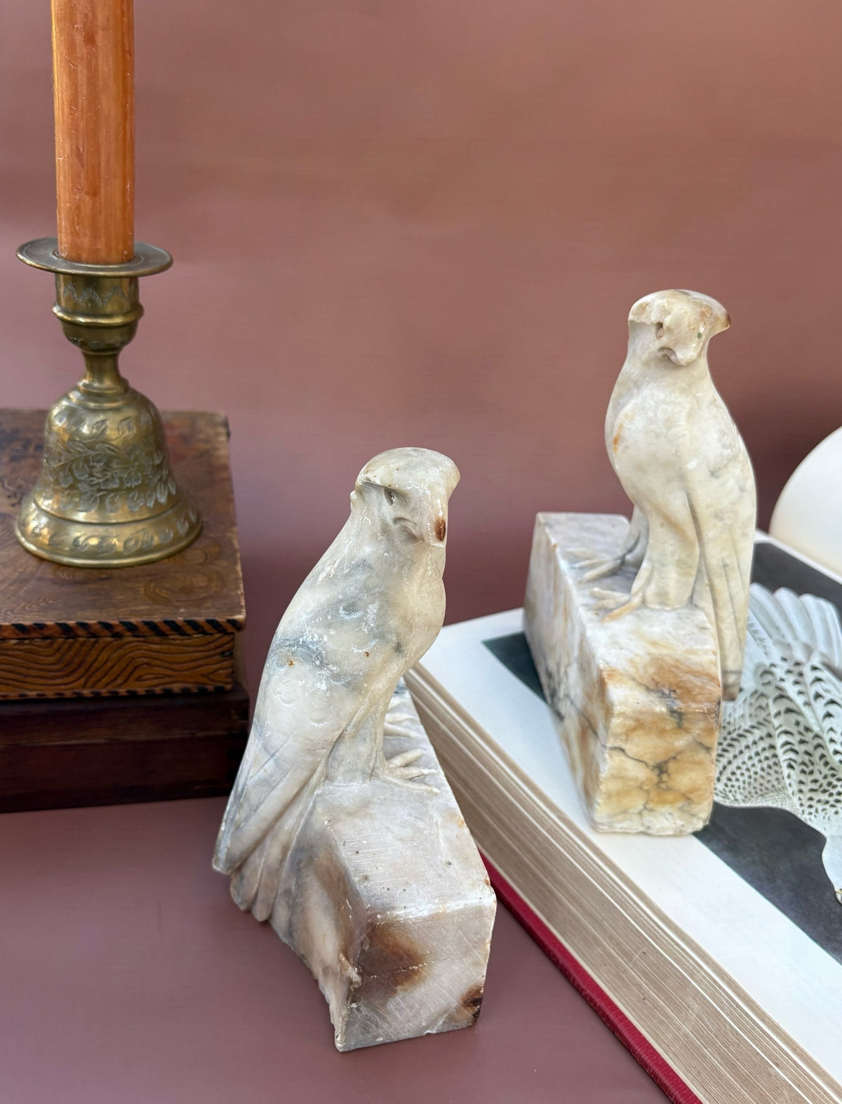 Vintage Pair of Alabaster Bird Bookends