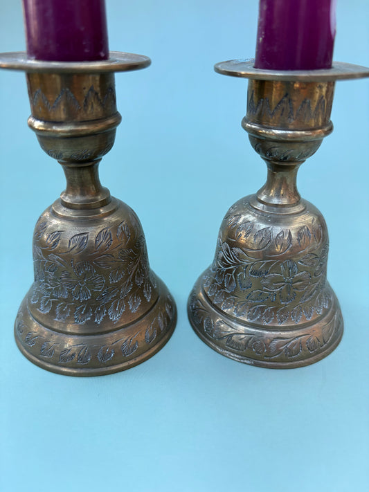 Vintage Pair of Etched Brass Bells/Candleholders